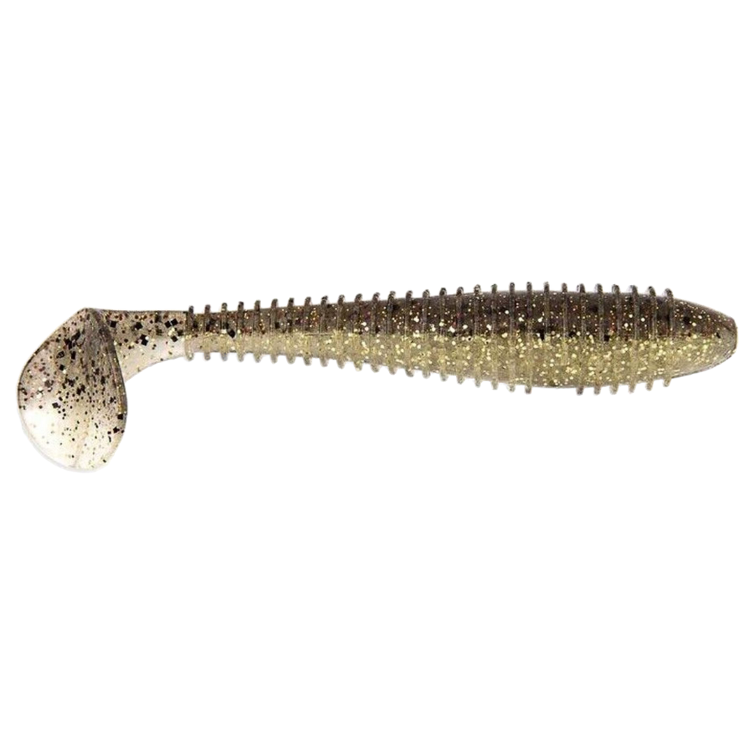 Keitech Swing Impact FAT Jigi 3.8" Gold Flash Minnow sivulta, pää oikealla