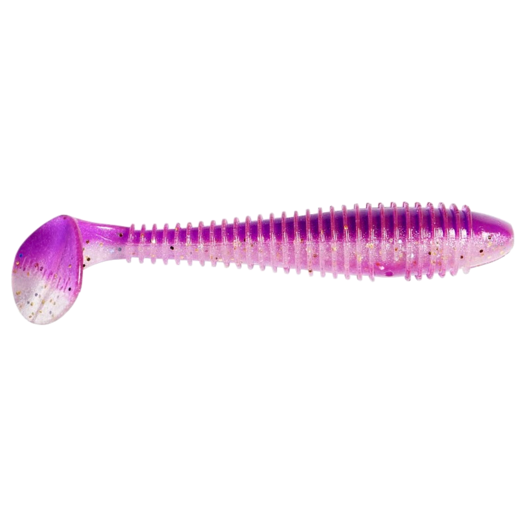 Keitech Swing Impact FAT Jigi 3.8" Grape Stardust sivulta, pää oikealla