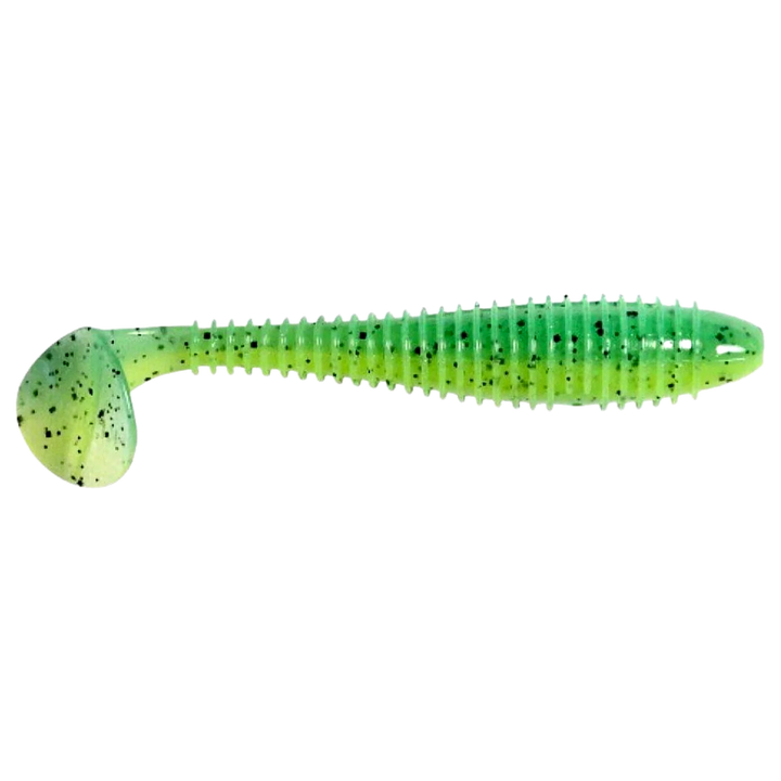 Keitech Swing Impact FAT Jigi 3.8" Lime Chartreuse PP sivulta, pää oikealla