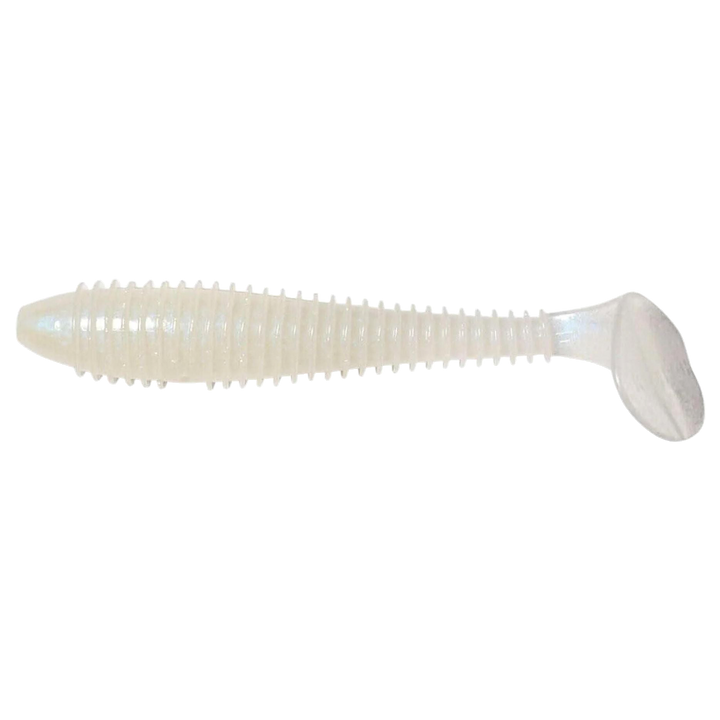 Keitech Swing Impact FAT Jigi 3.8" Pearl Glow sivulta, pää vasemmalla