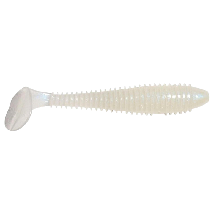 Keitech Swing Impact FAT Jigi 3.8" Pearl Glow sivulta, pää oikealla