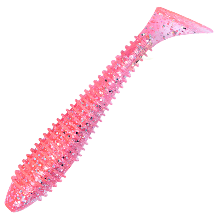 Keitech Swing Impact FAT Jigi 3.8", väri Sparkling Pink Shad: vaaleanpunainen runko ja hopeiset hileet