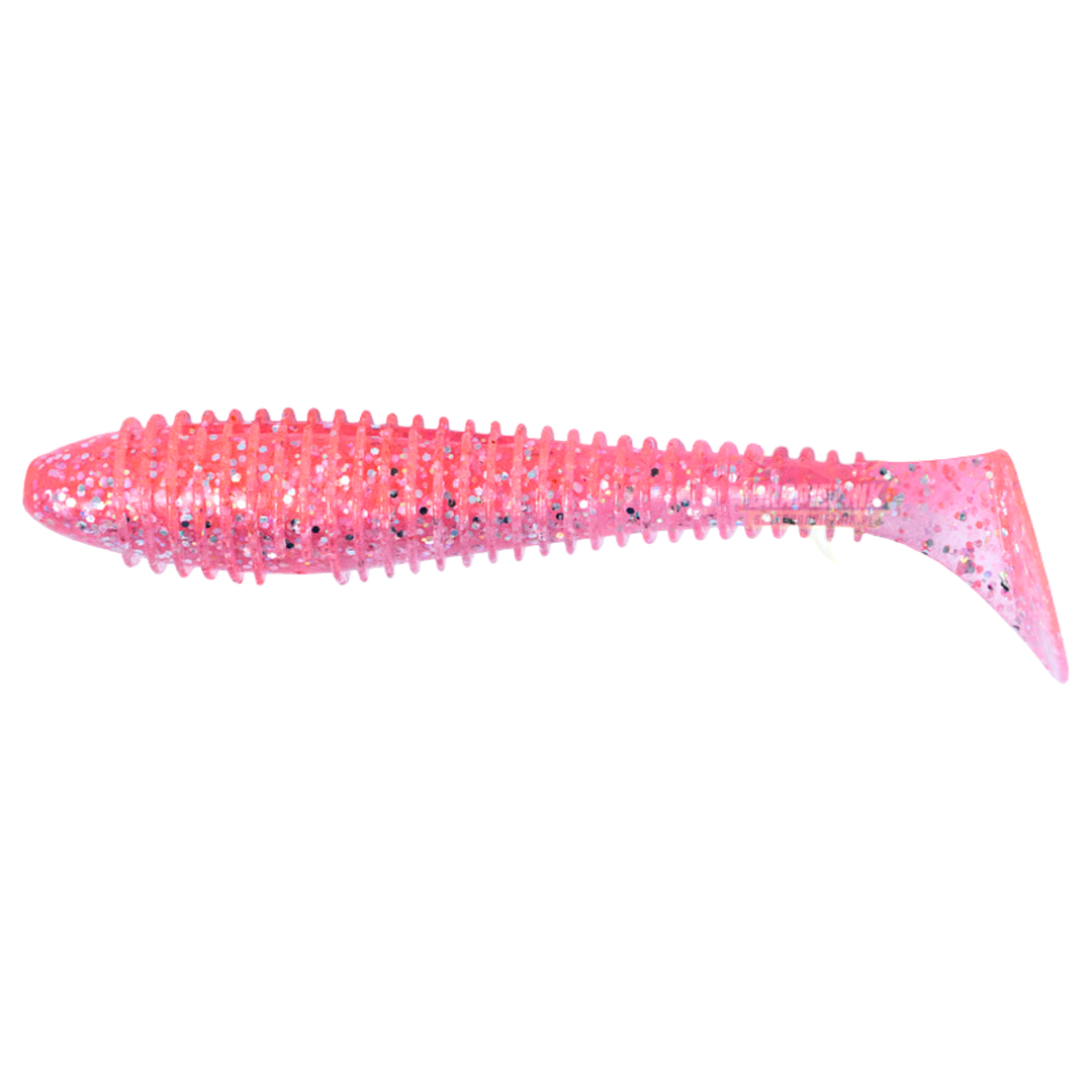 Keitech Swing Impact FAT Jigi 3.8" Sparkling Pink Shad sivulta, pää vasemmalla