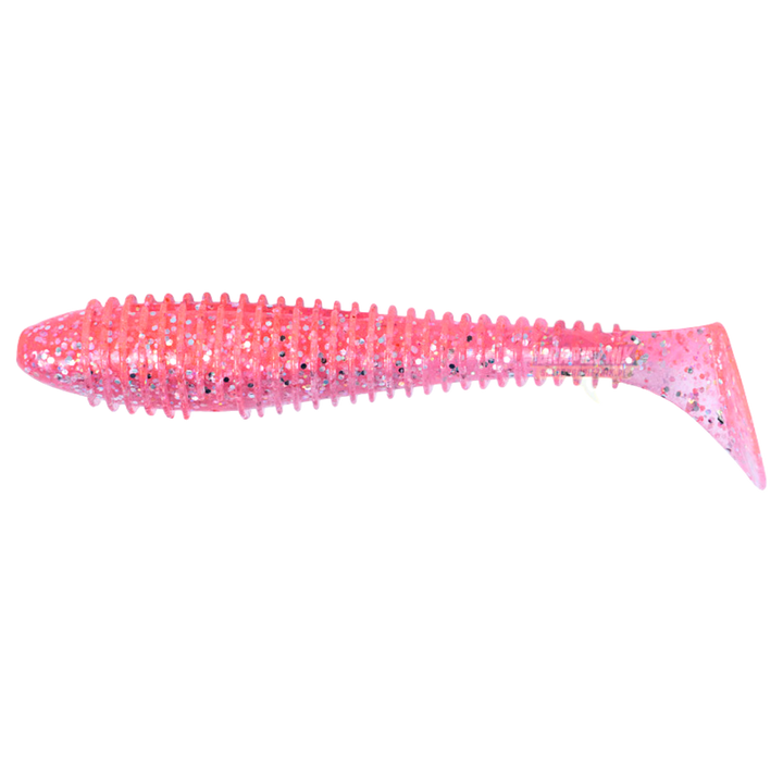 Keitech Swing Impact FAT Jigi 3.8" Sparkling Pink Shad sivulta, pää vasemmalla