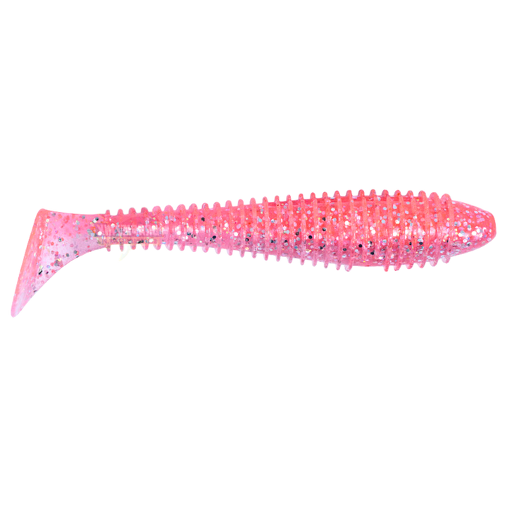 Keitech Swing Impact FAT Jigi 3.8" Sparkling Pink Shad sivulta, pää oikealla