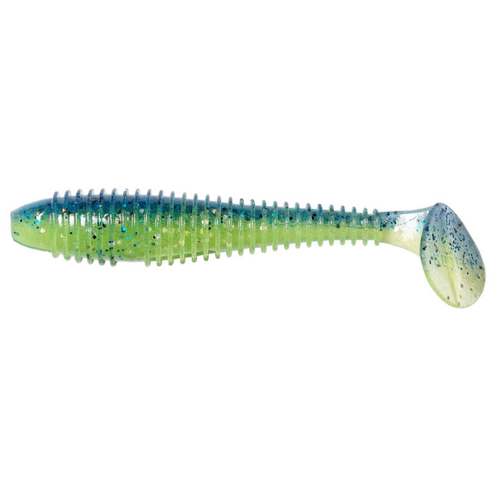 Keitech Swing Impact FAT Jigi 4.3" Blue X Chart sivulta, pää vasemmalla