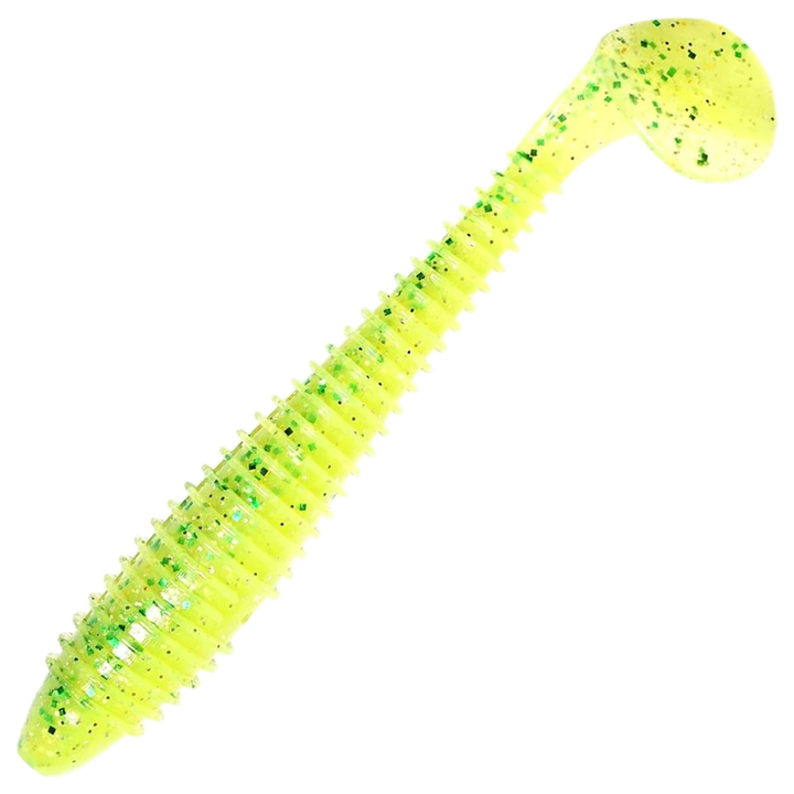Keitech Swing Impact FAT Jigi 4.3", väri Chart Lime Shad: kellanvihreä runko sekä sinivihreät ja mustat pilkut