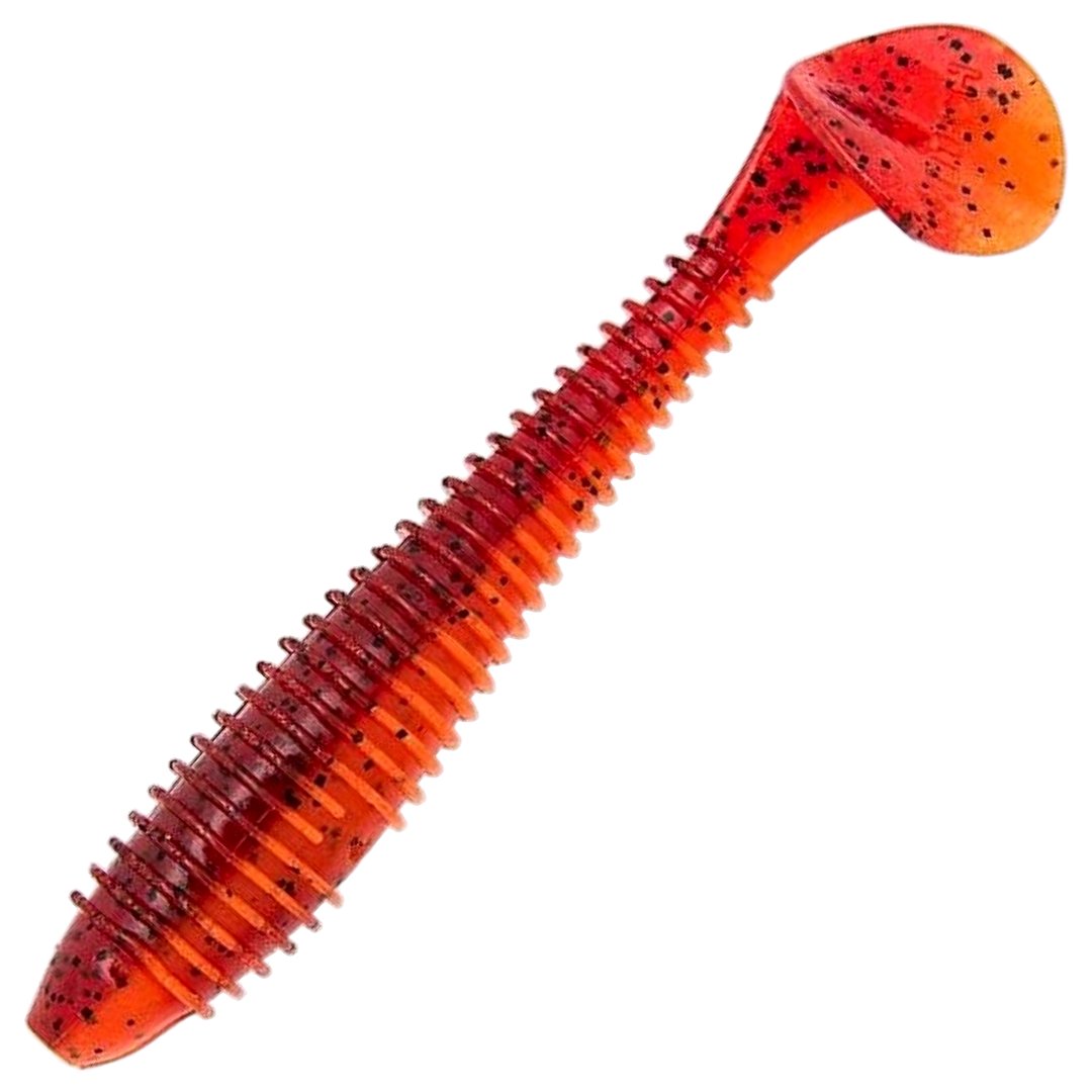 Keitech Swing Impact FAT Jigi 4.3", väri Delta Craw: punainen runko ja mustat pilkut