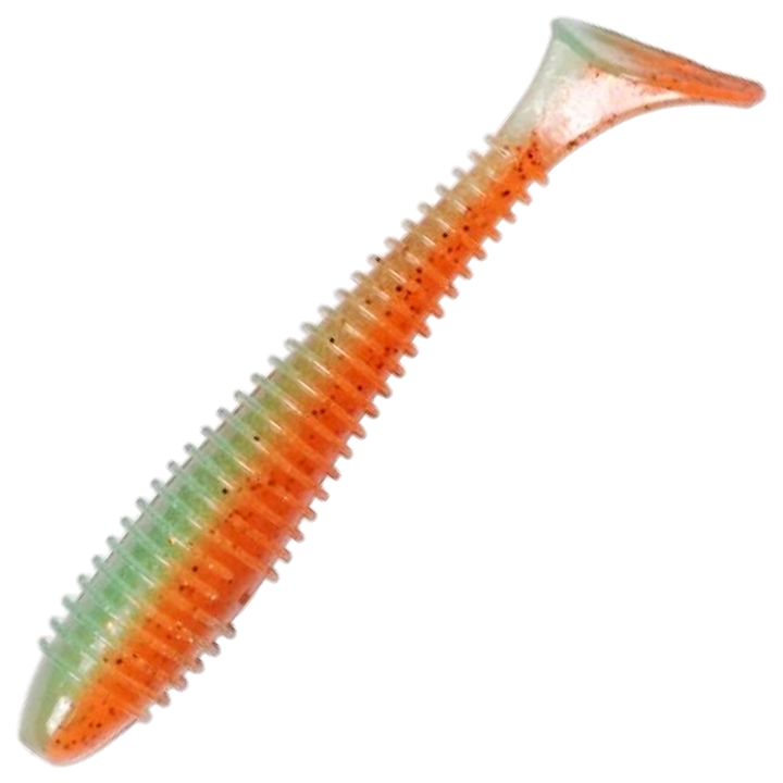 Keitech Swing Impact FAT Jigi 4.3", väri Fresh Watermelon: oranssi runko, vihertävä selkä ja mustat pilkut