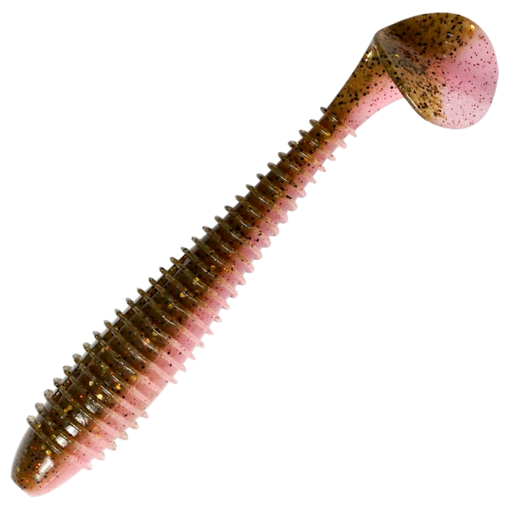 Keitech Swing Impact FAT Jigi 4.3", väri Green Pumpkin Pink: oranssinruskea selkä, vaaleanpunainen vatsa ja mustat pilkut