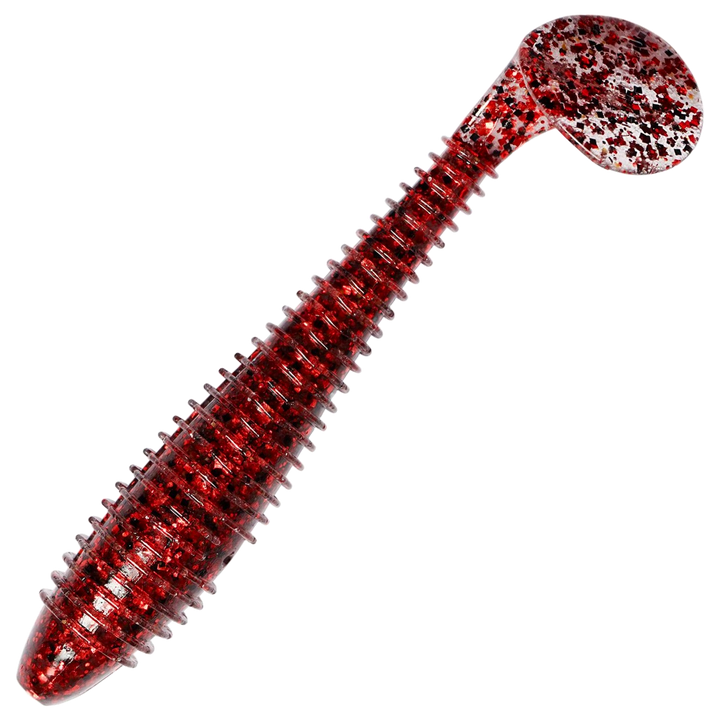 Keitech Swing Impact FAT Jigi 4.3", väri Red Devil: läpikuultava punainen runko ja tummat hileet