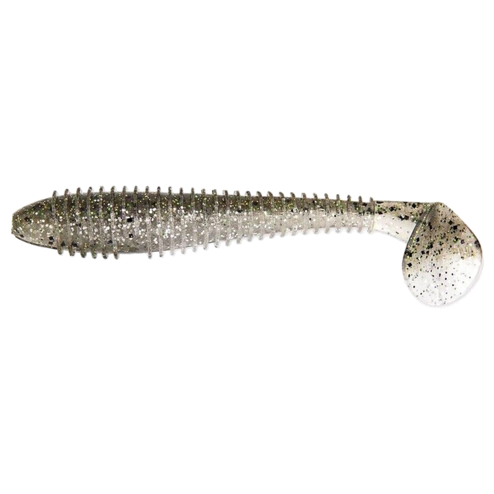Keitech Swing Impact FAT Jigi 4.3" Silver Flash Minnow sivulta, pää vasemmalla