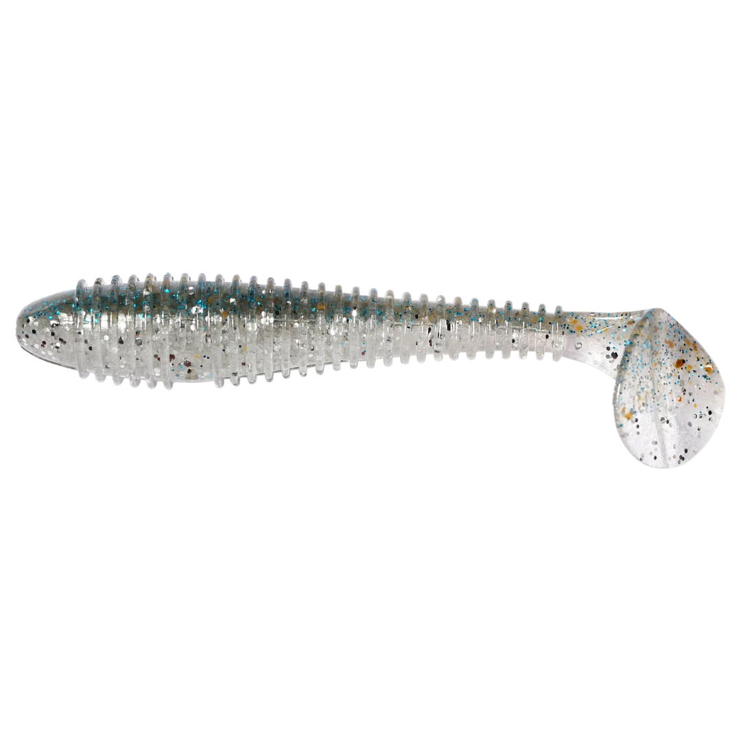 Keitech Swing Impact FAT Jigi 4.3" Silver Shiner sivulta, pää vasemmalla