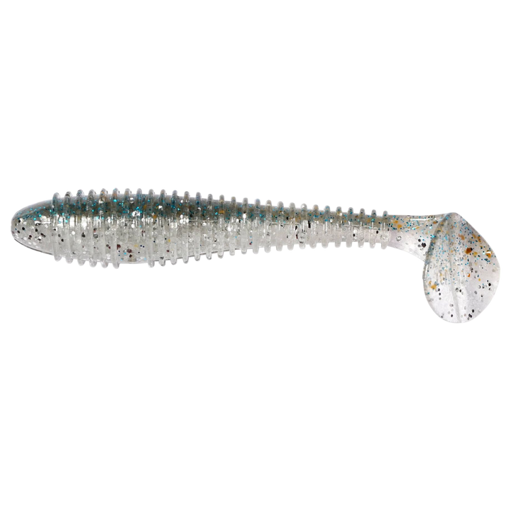 Keitech Swing Impact FAT Jigi 4.3" Silver Shiner sivulta, pää vasemmalla