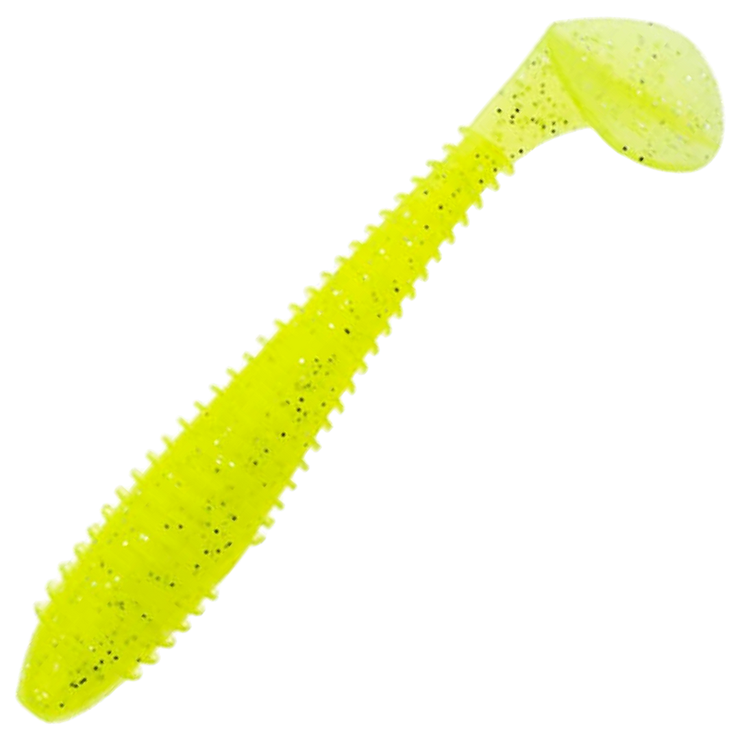 Keitech Swing Impact FAT Jigi 4.3", väri Toxic Chart: kirkkaan kellanvihreä runko ja mustat pilkut