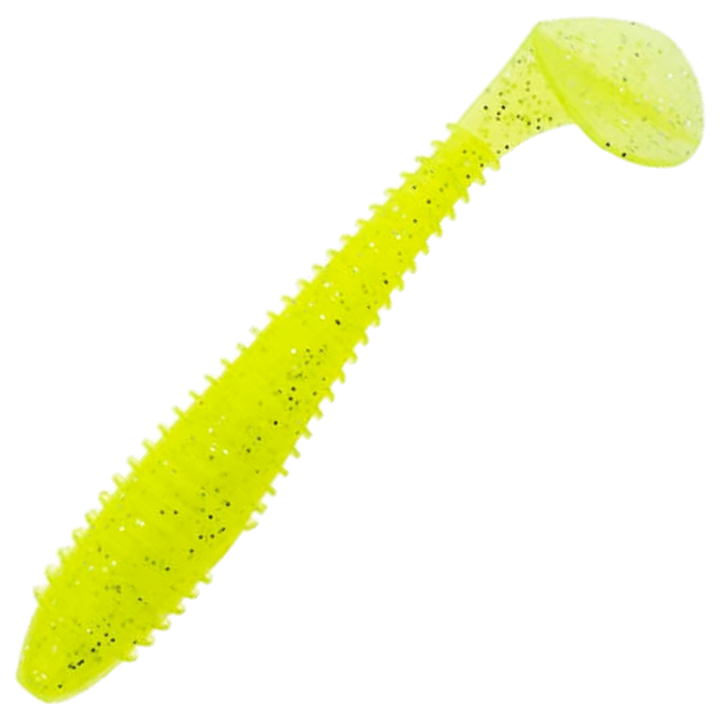Keitech Swing Impact FAT Jigi 4.3", väri Toxic Chart: kirkkaan kellanvihreä runko ja mustat pilkut