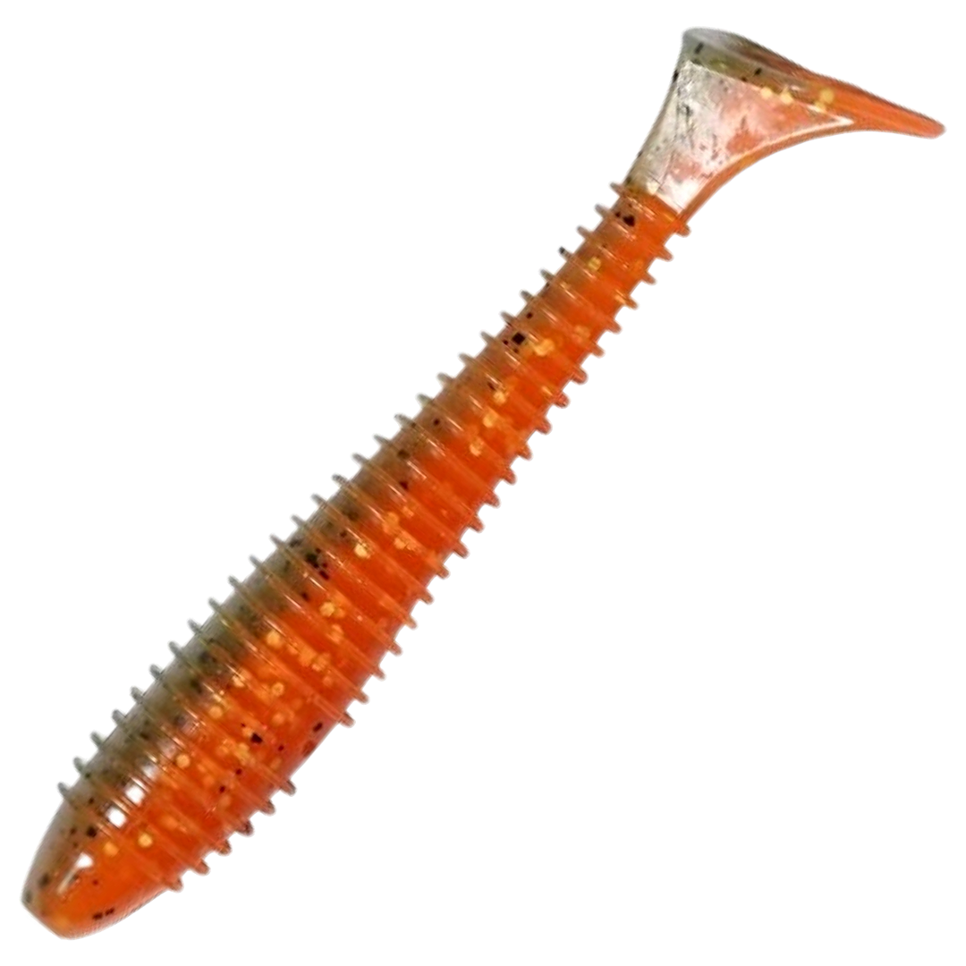 Keitech Swing Impact FAT Jigi 4.8", väri Angry Carrot: oranssi runko sekä vihreät ja kultaiset hileet