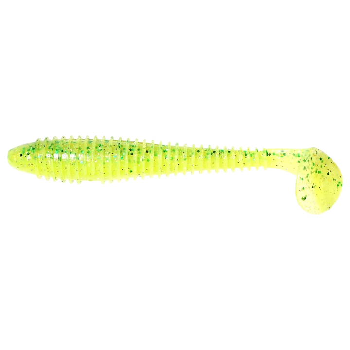 Keitech Swing Impact FAT Jigi 4.8" Chart Lime Shad sivulta, pää vasemmalla