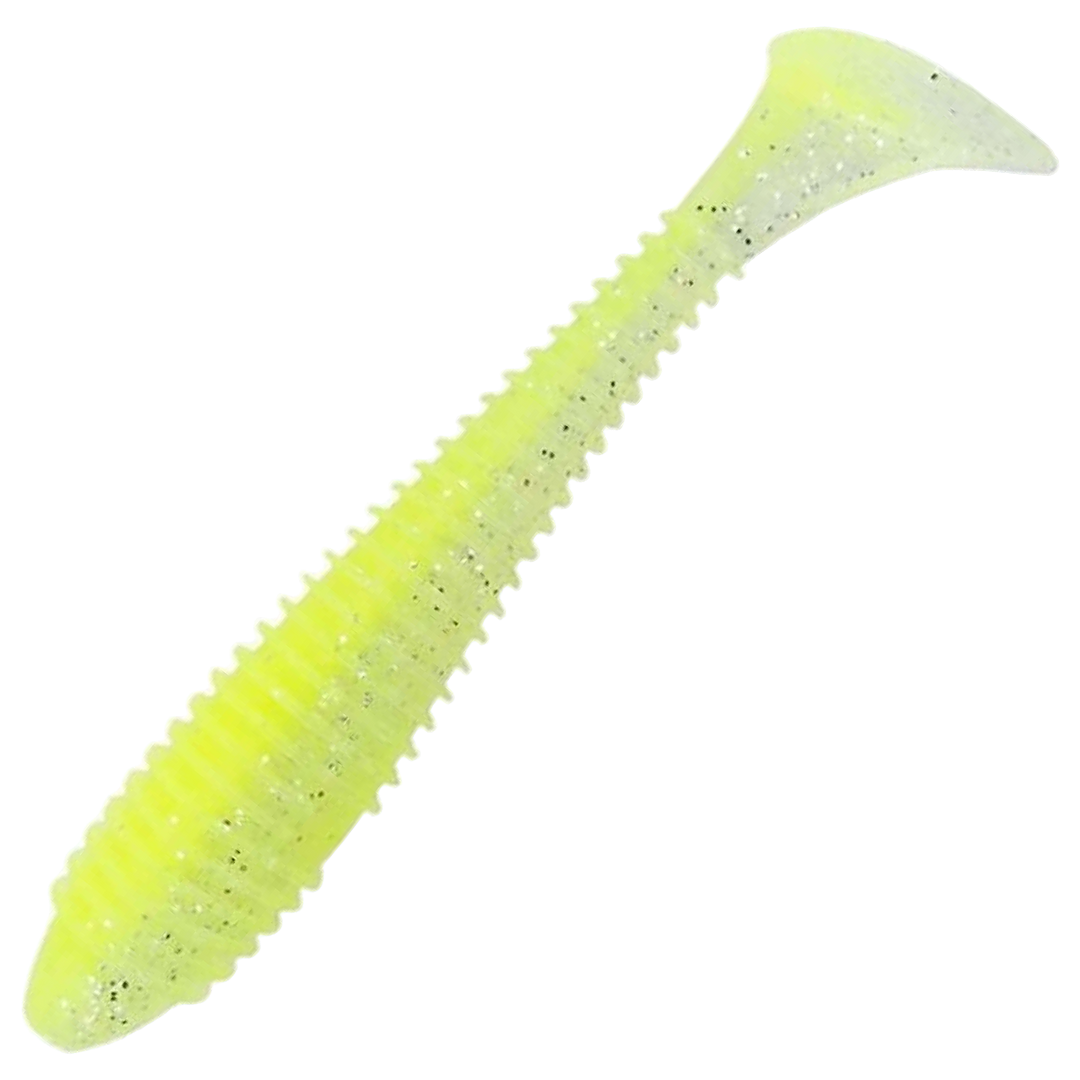 Keitech Swing Impact FAT Jigi 4.8", väri Chartreuse Ice: läpikuultava kellanvihreä runko ja mustat pilkut