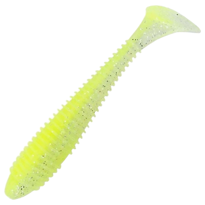 Keitech Swing Impact FAT Jigi 4.8", väri Chartreuse Ice: läpikuultava kellanvihreä runko ja mustat pilkut