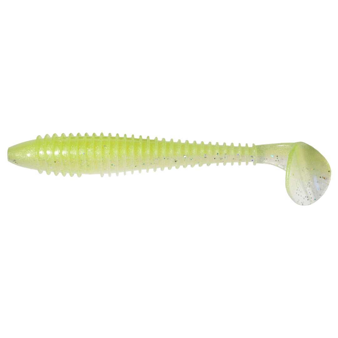 Keitech Swing Impact FAT Jigi 4.8" Chartreuse Shad sivulta, pää vasemmalla
