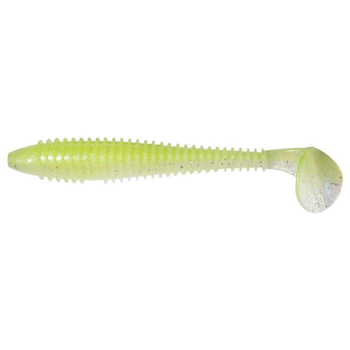 Keitech Swing Impact FAT Jigi 4.8" Chartreuse Shad sivulta, pää vasemmalla