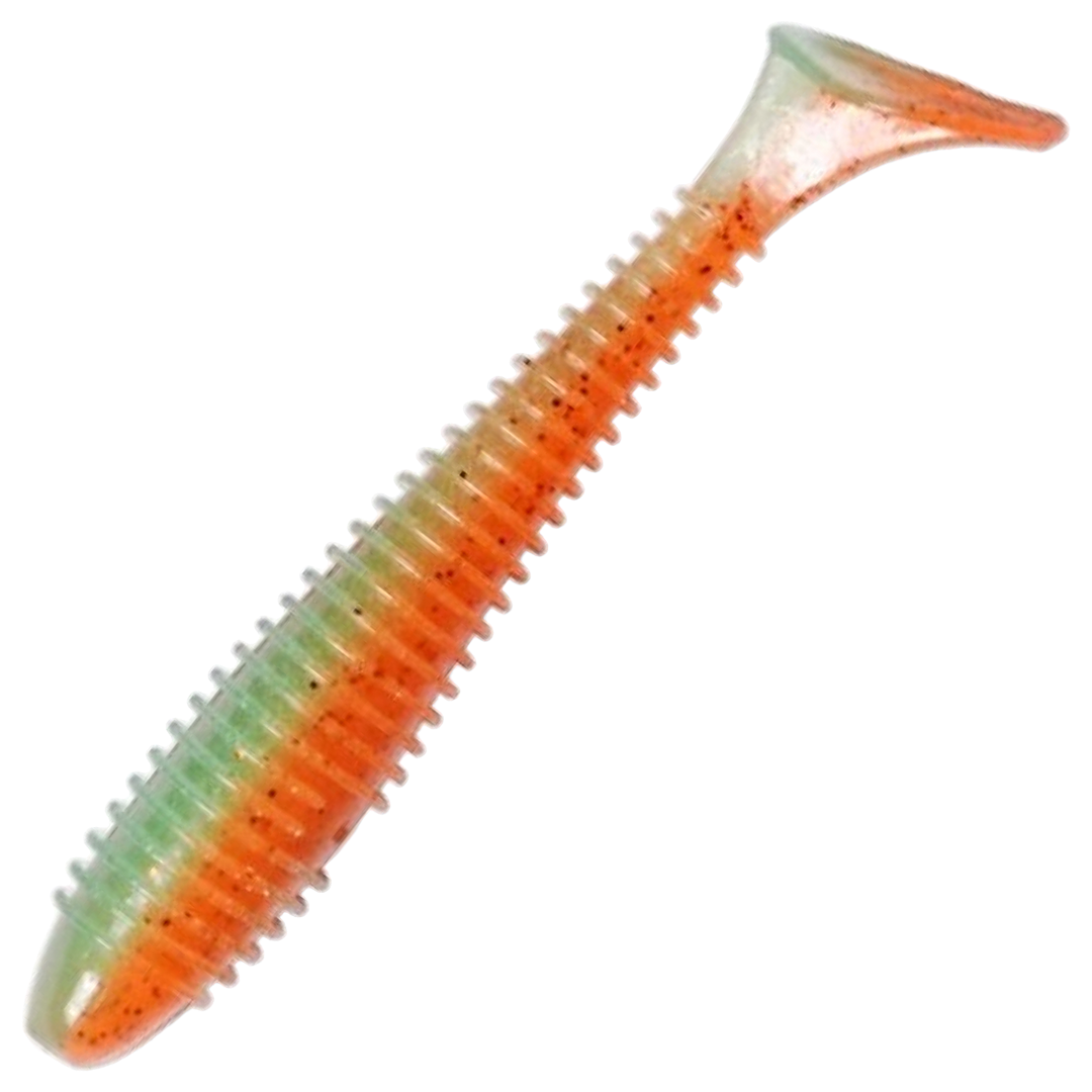 Keitech Swing Impact FAT Jigi 4.8", väri Fresh Watermelon: oranssi runko, vihertävä selkä ja mustat pilkut