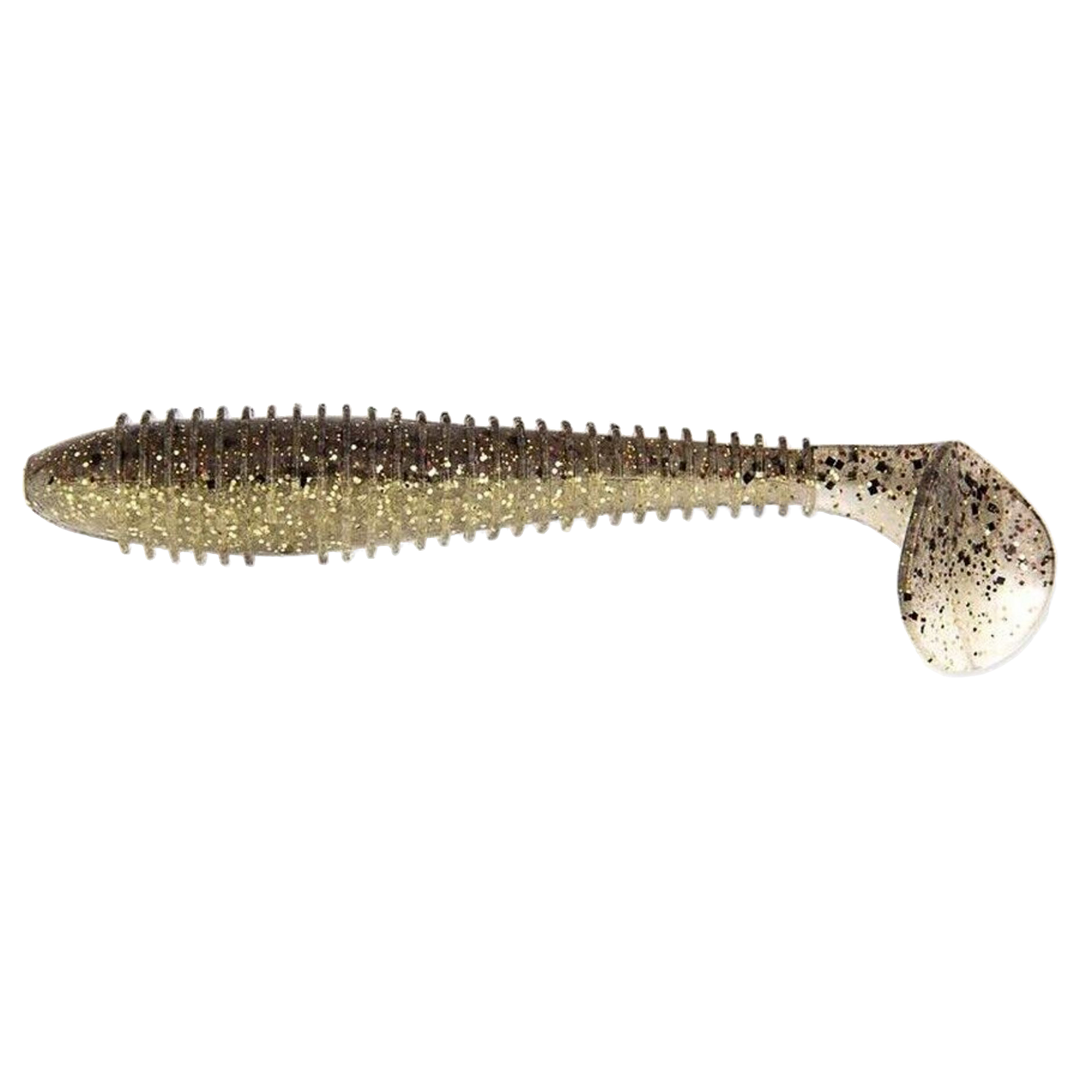 Keitech Swing Impact FAT Jigi 4.8" Gold Flash Minnow sivulta, pää vasemmalla