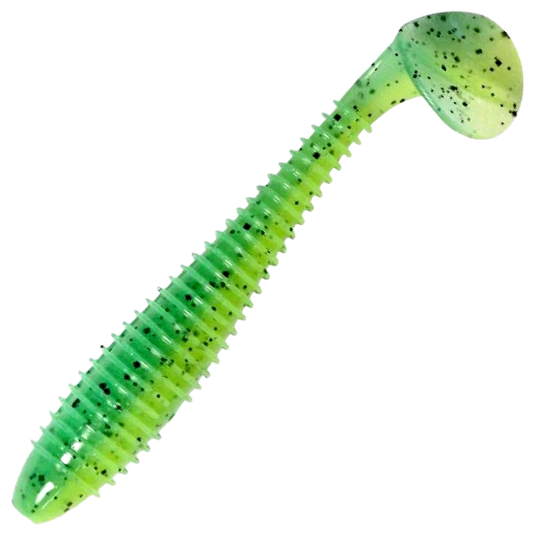 Keitech Swing Impact FAT Jigi 4.8", väri Lime Chartreuse PP: vihreä selkä, kellanvihreä vatsa ja mustat pilkut