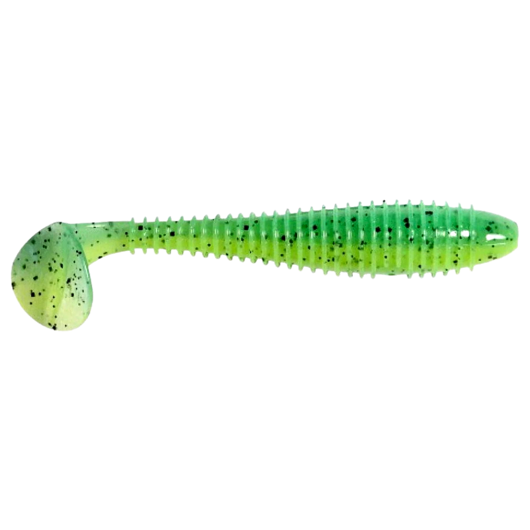 Keitech Swing Impact FAT Jigi 4.8" Lime Chartreuse PP sivulta, pää oikealla