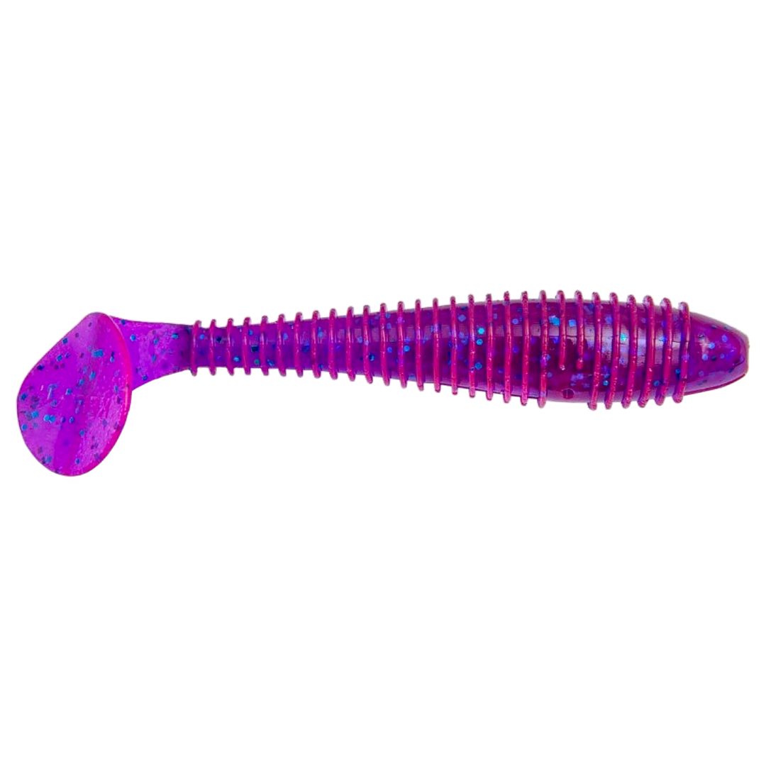 Keitech Swing Impact FAT Jigi 4.8" Purple Blue Heaven sivulta, pää oikealla