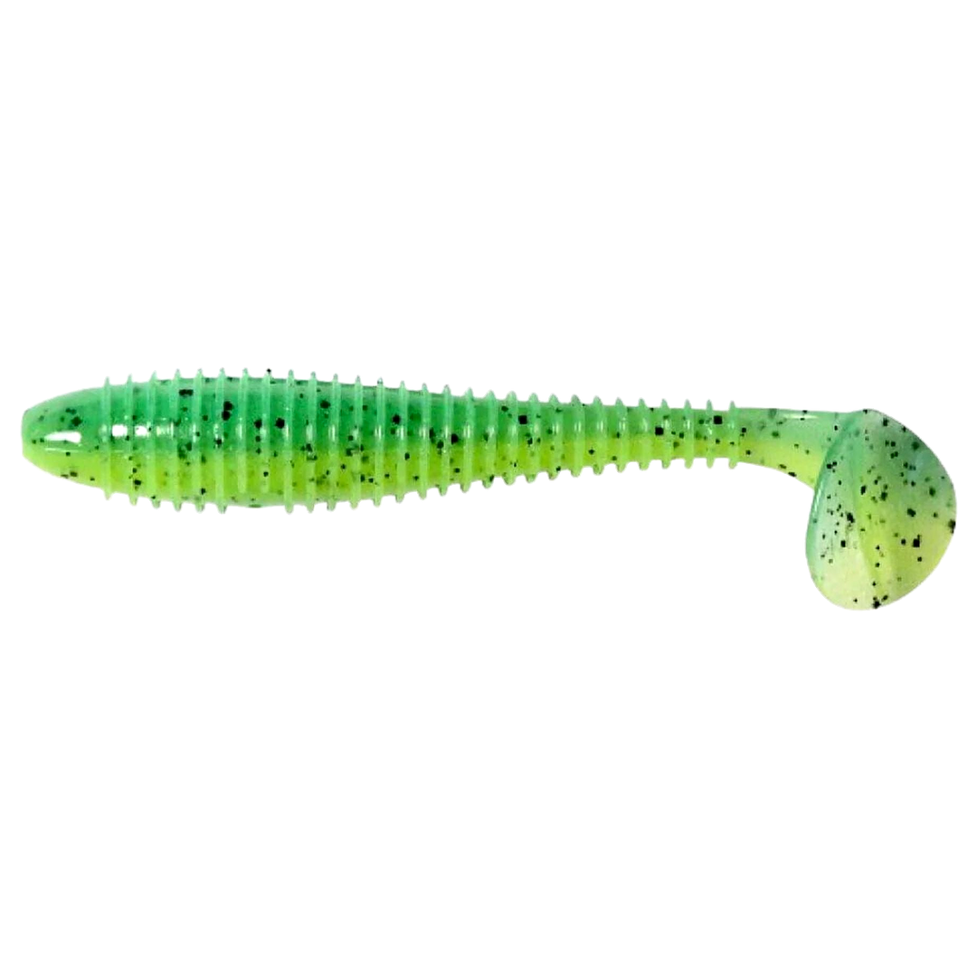 Keitech Swing Impact FAT Jigi 5.8" Lime Chartreuse PP. sivulta, pää vasemmalla