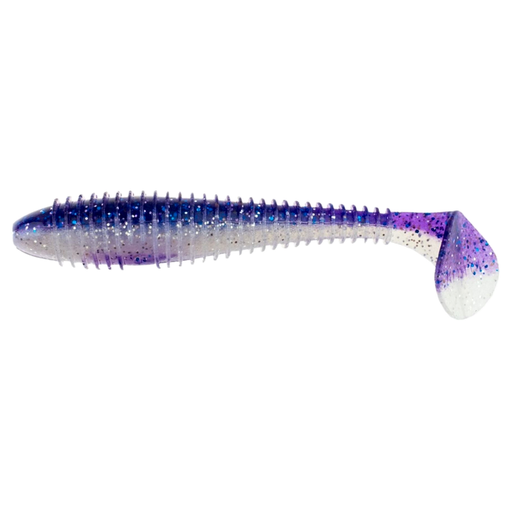 Keitech Swing Impact FAT Jigi 5.8" Purple Ice Shad sivulta, pää vasemmalla