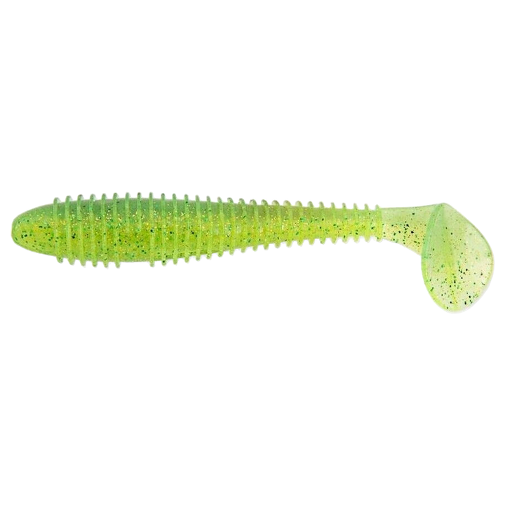 Keitech Swing Impact FAT Jigi 6.8" Lime Chartreuse sivulta, pää vasemmalla