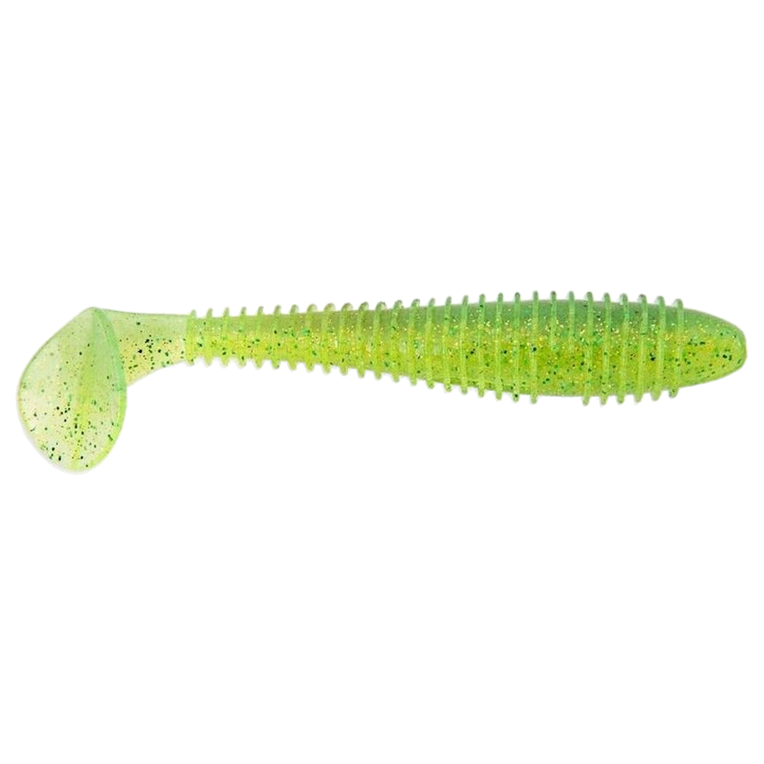 Keitech Swing Impact FAT Jigi 6.8" Lime Chartreuse sivulta, pää oikealla
