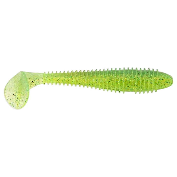 Keitech Swing Impact FAT Jigi 6.8" Lime Chartreuse sivulta, pää oikealla