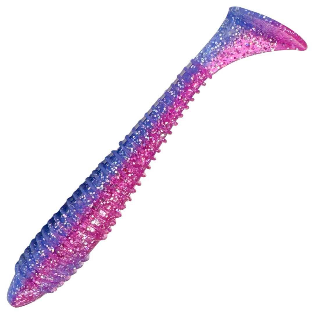 Keitech Swing Impact FAT Jigi 6.8", väri Sparkling Morning Dawn: läpikuultava violetti runko ja tummat hileet
