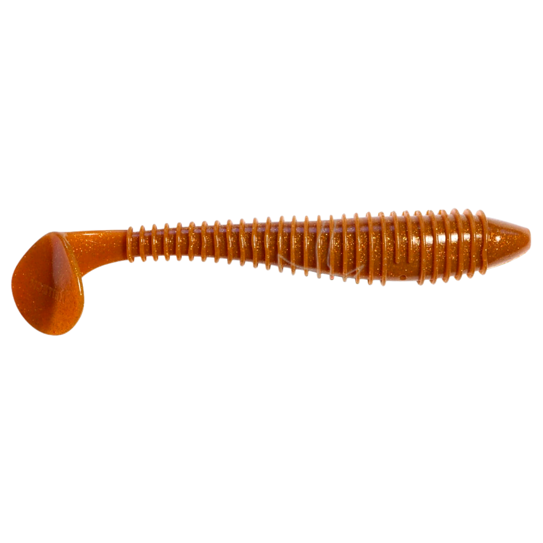 Keitech Swing Impact FAT Jigi 7.8" Amber Gold FLK sivulta, pää oikealla