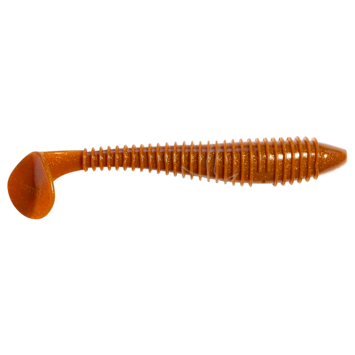 Keitech Swing Impact FAT Jigi 7.8" Amber Gold FLK sivulta, pää oikealla