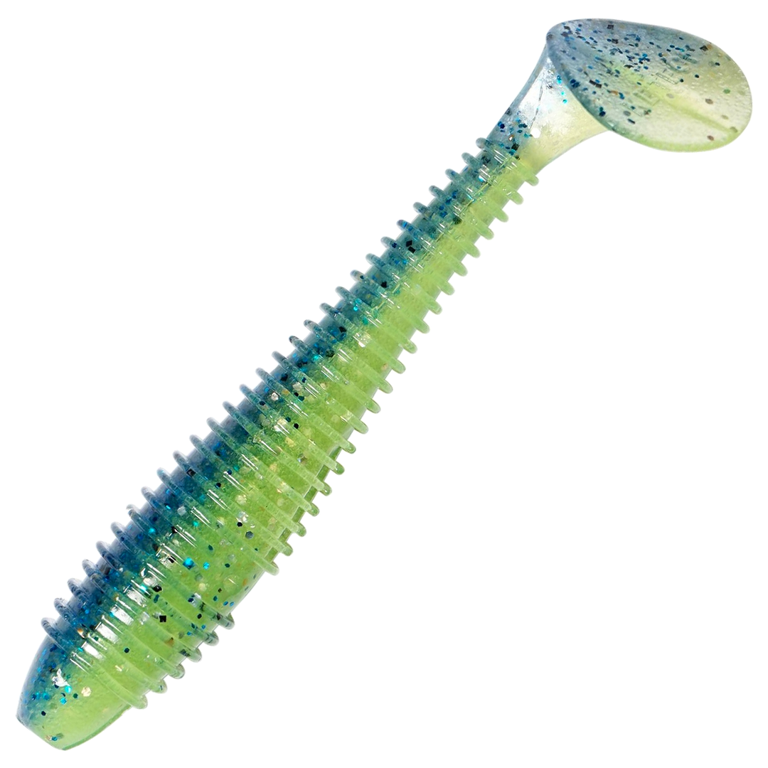 Keitech Swing Impact FAT Jigi 7.8", väri Blue X Chart: sininen selkä, kellanvihreä kylki ja läpikuultava pyrstö