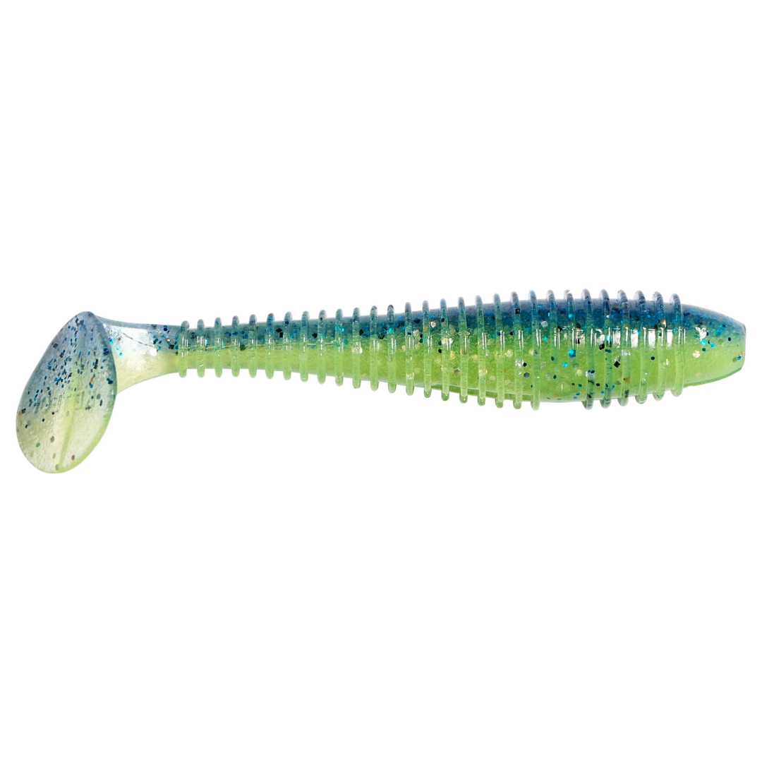 Keitech Swing Impact FAT Jigi 7.8" Blue X Chart sivulta, pää oikealla