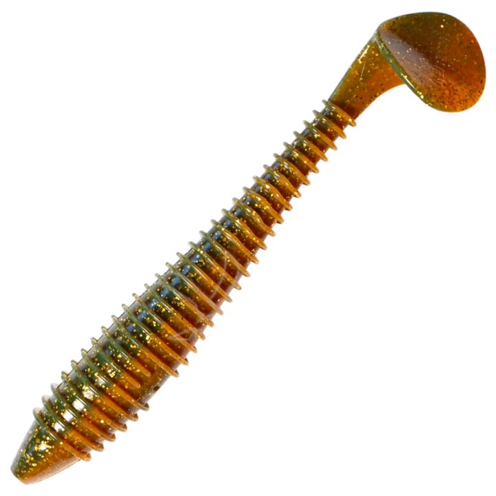 Keitech Swing Impact FAT Jigi 7.8", väri Motoroil Gold FLK: oliivinruskea runko ja kultaiset hileet