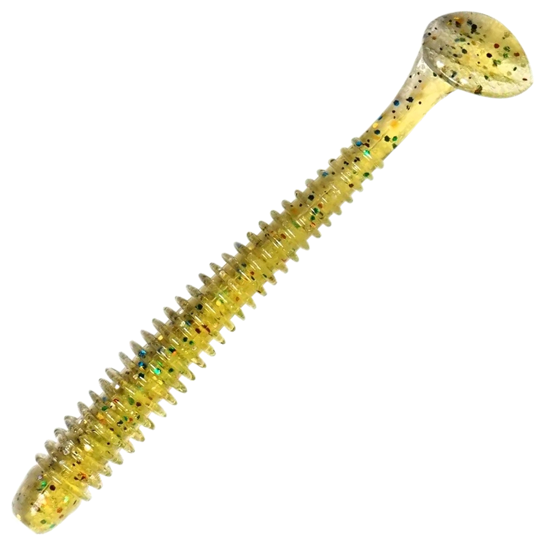 Keitech Swing Impact Jigi 3.5", väri Smoky Yellow: kellanruskea runko sekä siniset ja mustat hileet