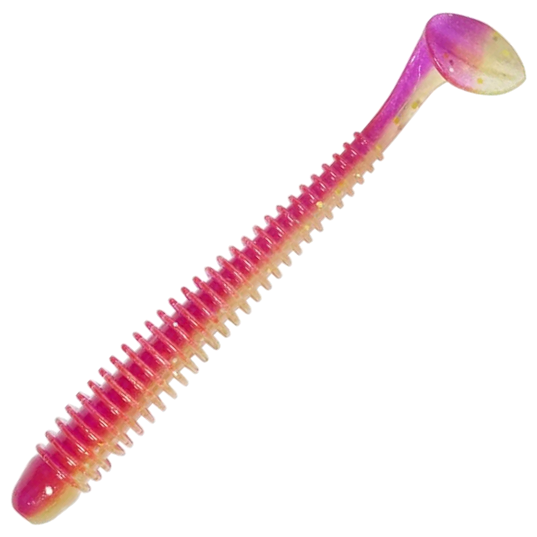 Keitech Swing Impact Jigi 4.5", väri Purple X Chart UV: magenta runko ja kellertävä vatsa