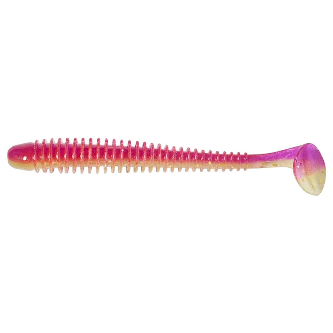 Keitech Swing Impact Jigi 4.5" Purple X Chart UV sivulta, pää vasemmalla