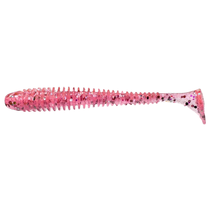 Keitech Swing Impact Jigi 4.5" Sparkling Pink Shad sivulta, pää vasemmalla