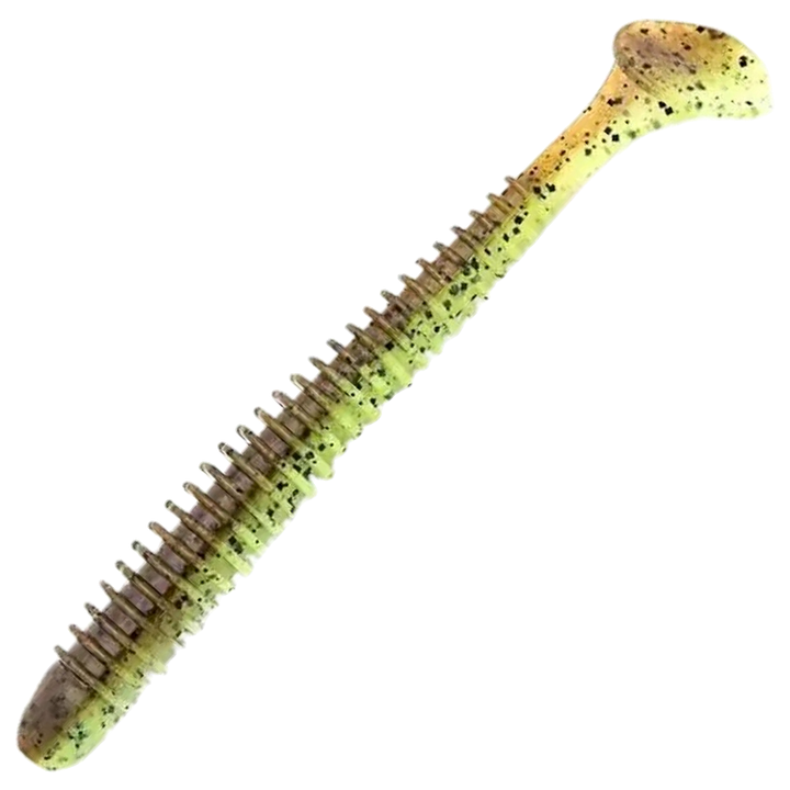 Keitech Swing Impact Jigi 4", väri Green Pumpkin/Chartreuse: ruskeanvihreä ja kellanvihreä runko sekä mustat pilkut