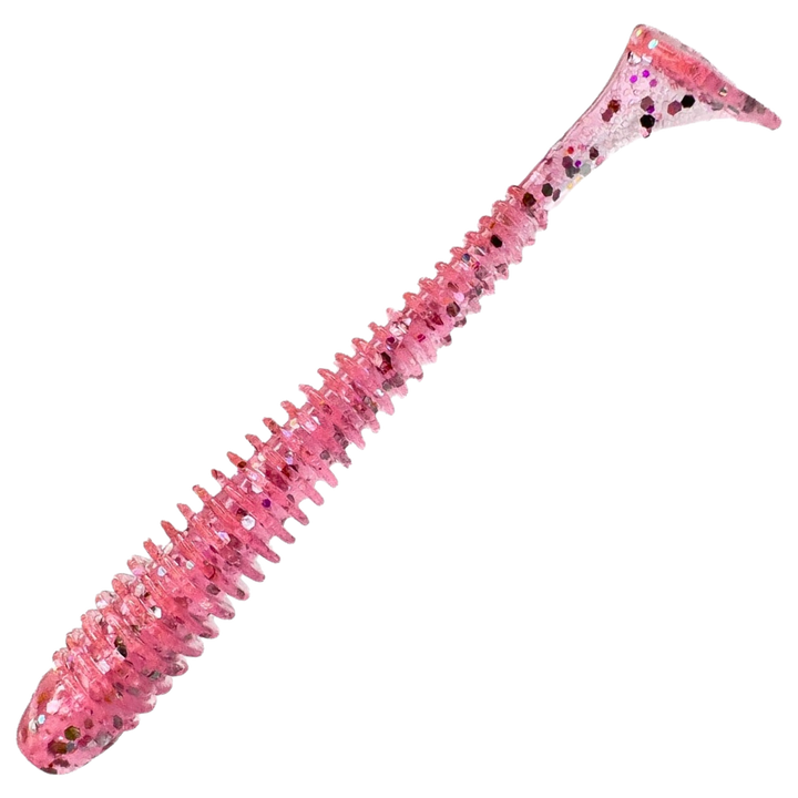 Keitech Swing Impact Jigi 4", väri Sparkling Pink Shad: vaaleanpunainen runko ja hopeiset hileet