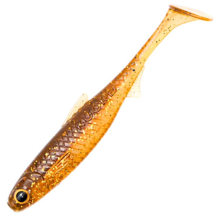 Kuore Recoil 11cm 7.6g Jigi, väri Motor Oil UV: läpikuultava oranssinruskea runko ja mustat hileet