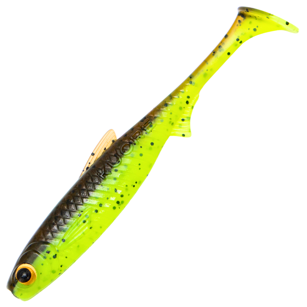 Kuore Recoil 9cm 4.2g Jigi, väri Chartreuse Brown UV: ruskea selkä ja kellanvihreä kylki